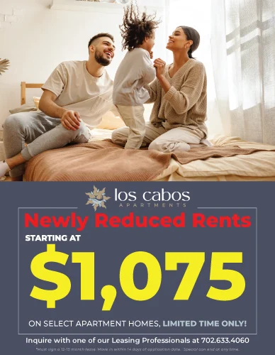 Promotional flyer for Los Cabos Apartments featuring a couple and a child sitting on a bed, announcing newly reduced rents starting at $1,075.
