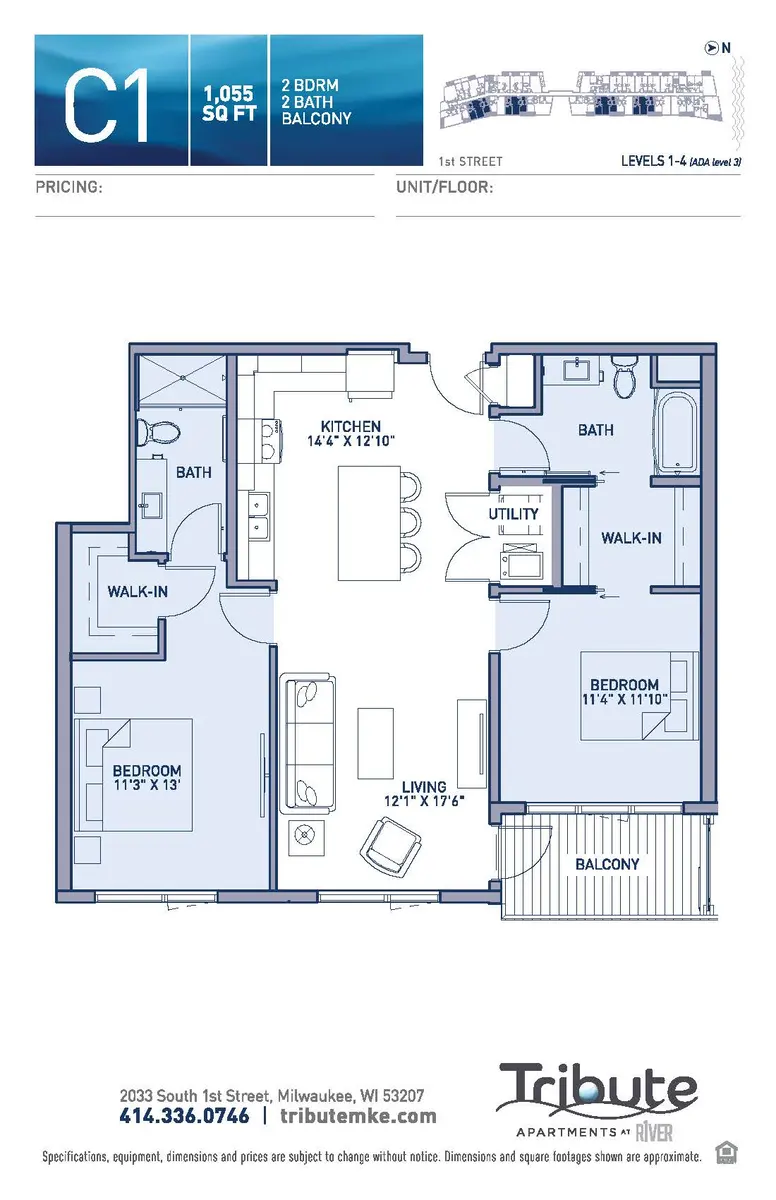 Blueprint of a 2 bedroom, 2 bath apartment layout with a balcony and utility room.