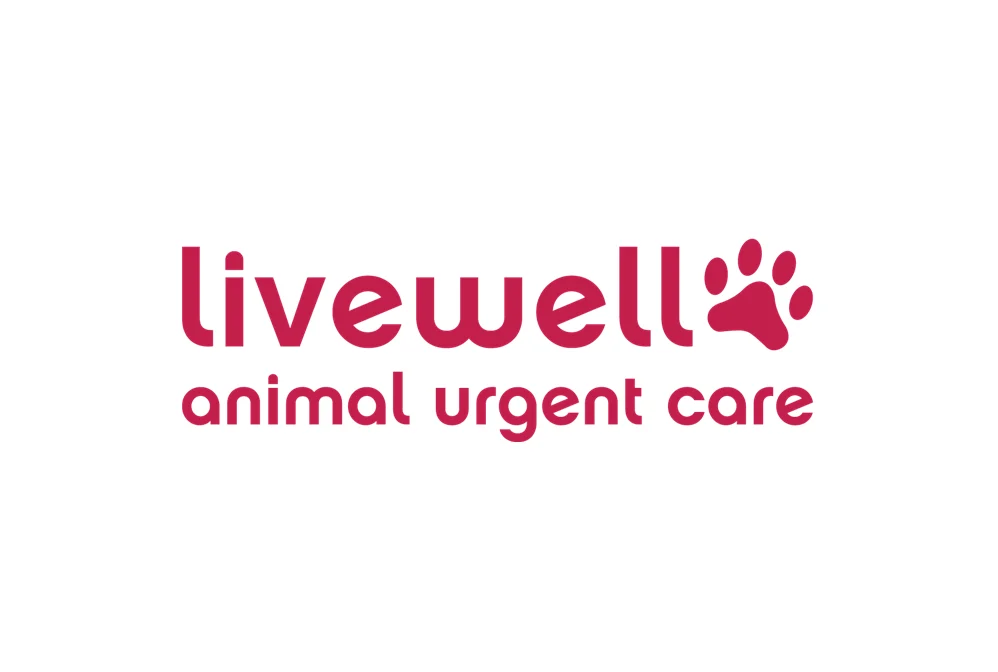Logo for Livewell Animal Urgent Care featuring a paw print and text in a modern font.