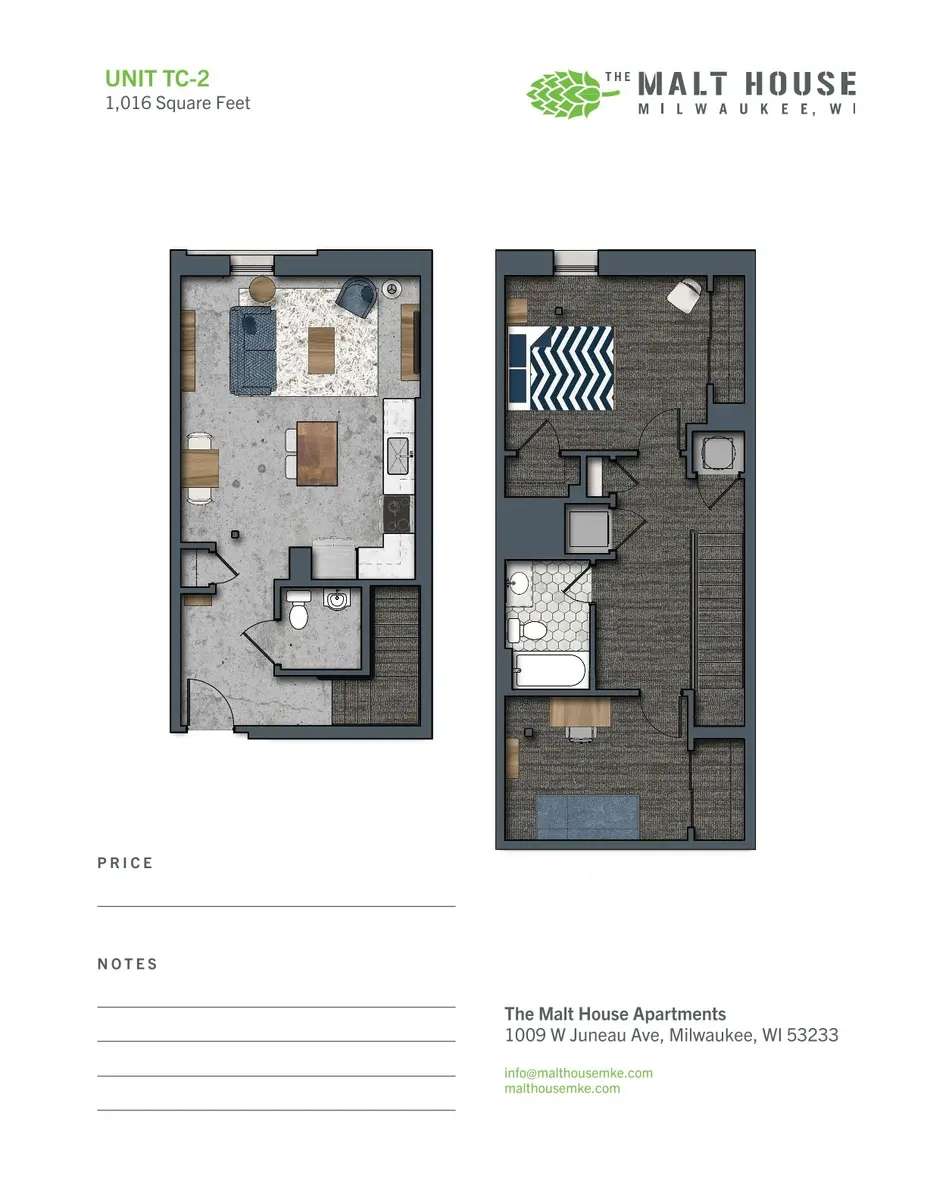 Floor plan of a two-bedroom apartment, labeled Unit TC-2, featuring a living area, kitchen, and bathroom layout.