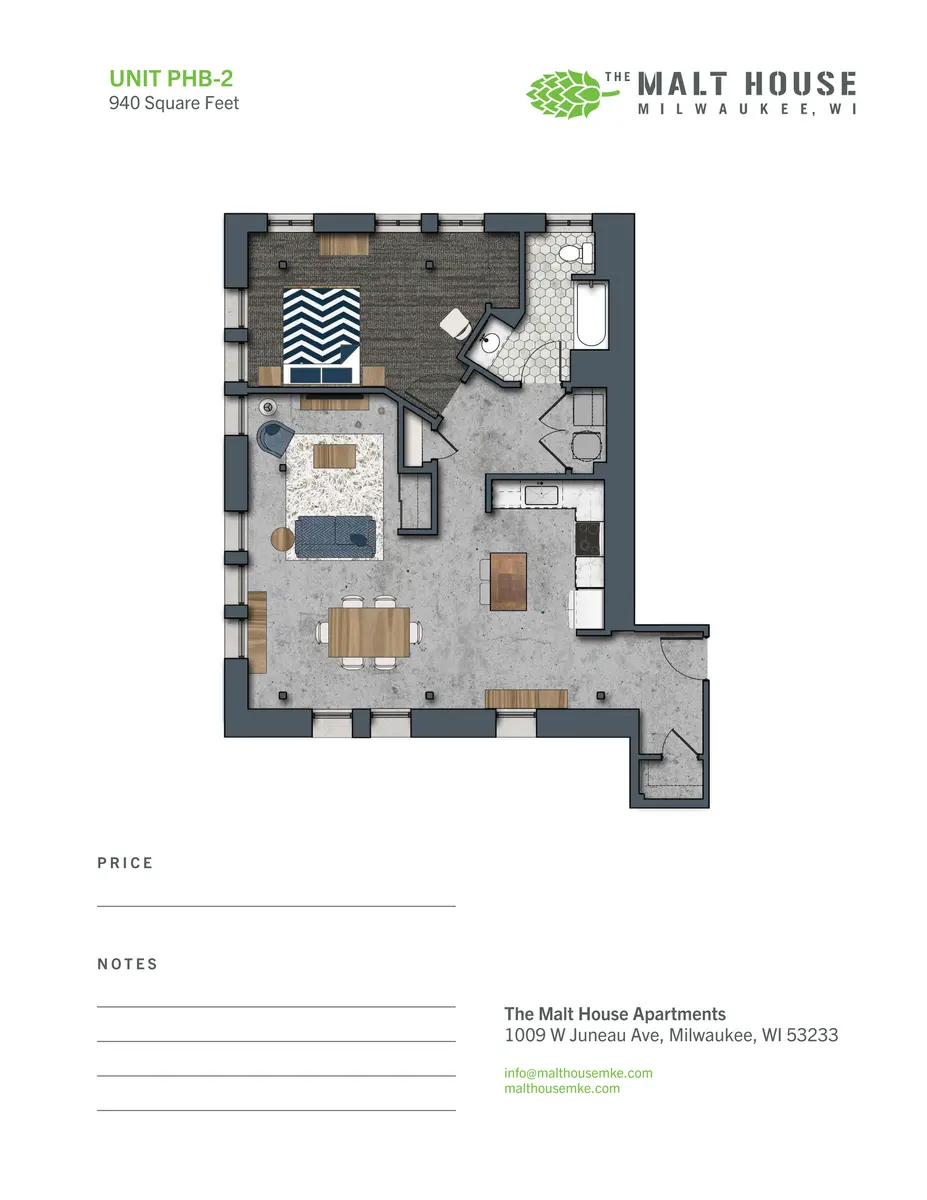 A floor plan for Unit PHB-2 of The Malt House Apartments in Milwaukee. The layout includes a living area, kitchen, and various rooms, spread across 940 square feet.