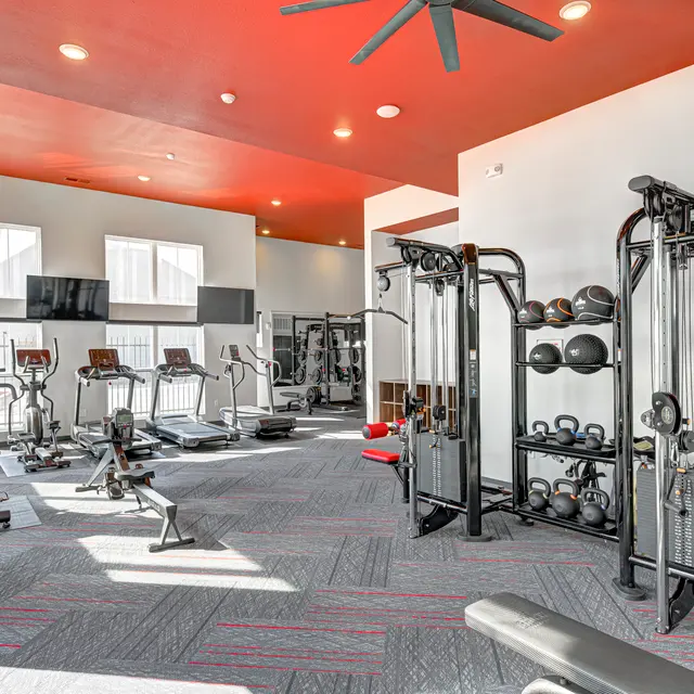 A spacious modern gym featuring various exercise machines, including weightlifting equipment and cardio machines, with large windows providing natural light and a vibrant red ceiling.
