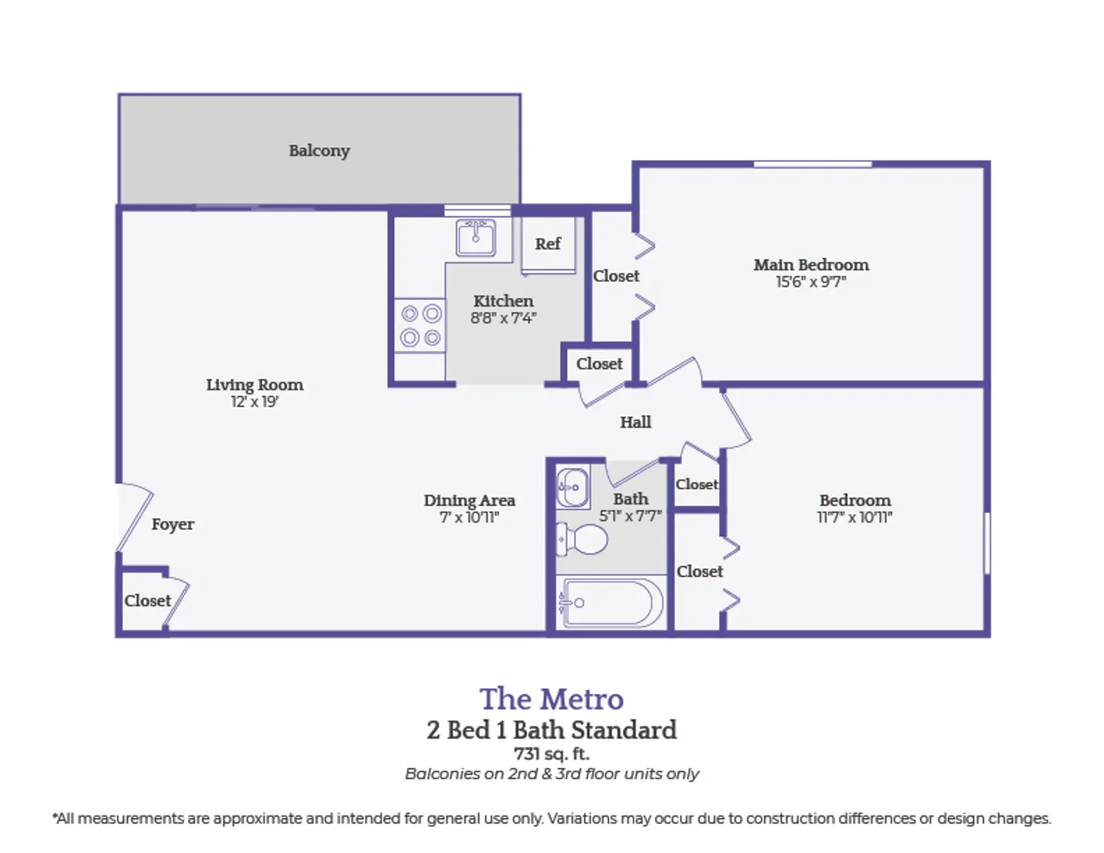 Floor plan of a 2-bedroom, 1-bath apartment named The Metro, featuring a living room, kitchen, dining area, closets, and balcony.
