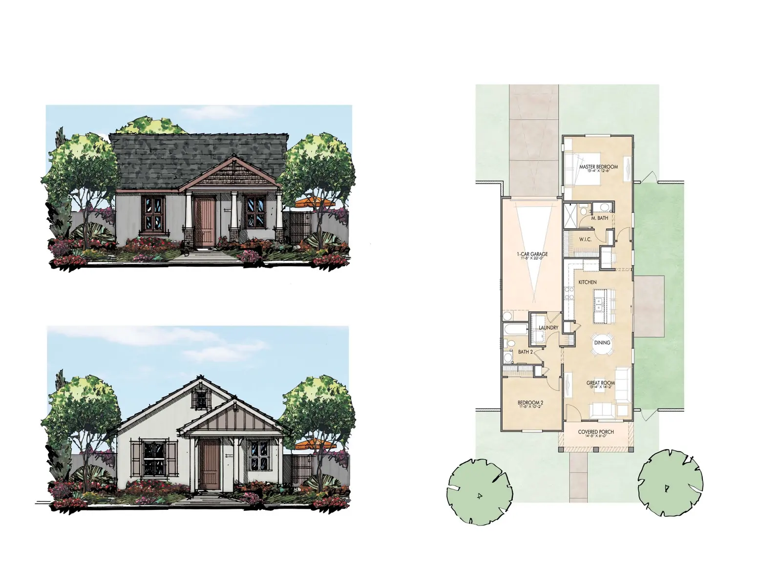 House Design with Floor Plan Architectural rendering of a house with two front views and a corresponding floor plan.