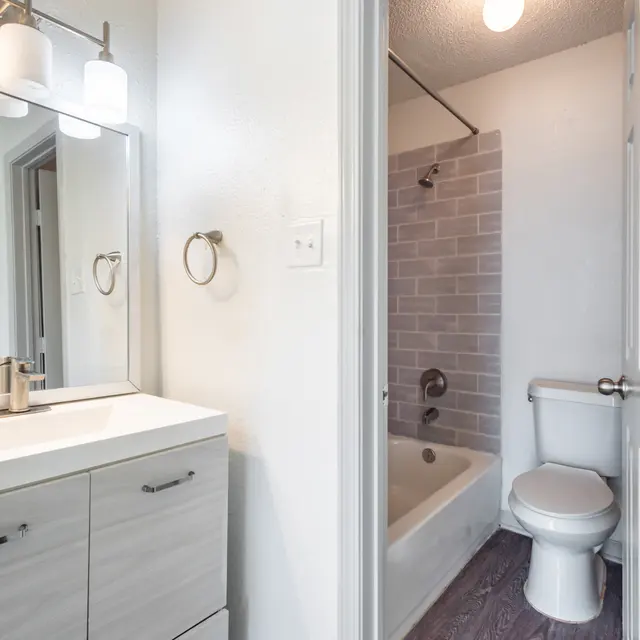 A modern bathroom featuring a white vanity with a large mirror, a bathtub with a shower above, and a toilet. The walls are painted white and have a gray tiled accent wall in the shower area.