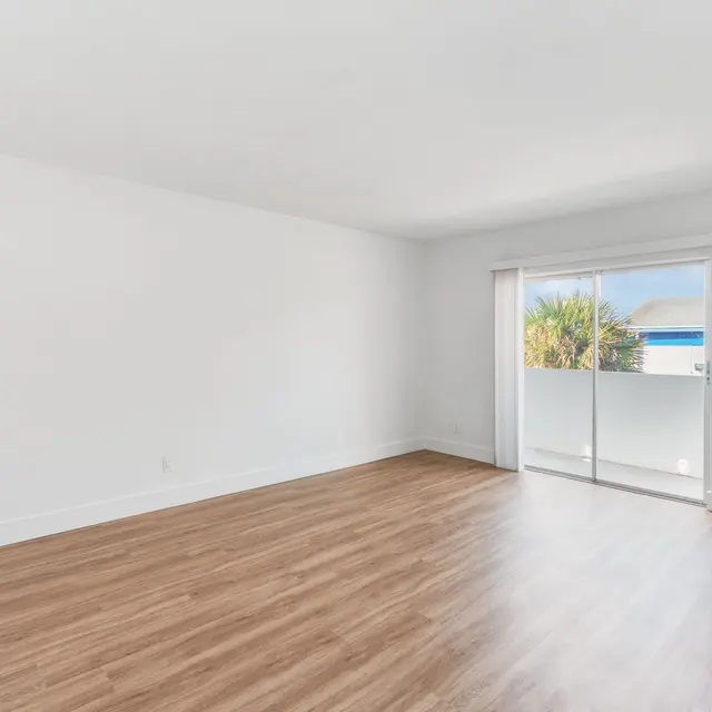 An empty living room with light-colored walls and wooden flooring. A glass door leads to a balcony with greenery visible outside.