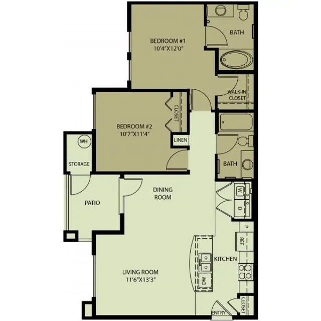 Two-Bedroom Apartment Floor Plan Floor plan of a two-bedroom apartment layout, featuring a living room, dining room, kitchen, two bedrooms, two bathrooms, and a patio.