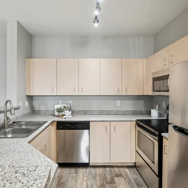 A modern kitchen featuring light wood cabinets, stainless steel appliances, and granite countertops. The kitchen has a sink and dishwasher integrated into the design, with a clean and organized layout.
