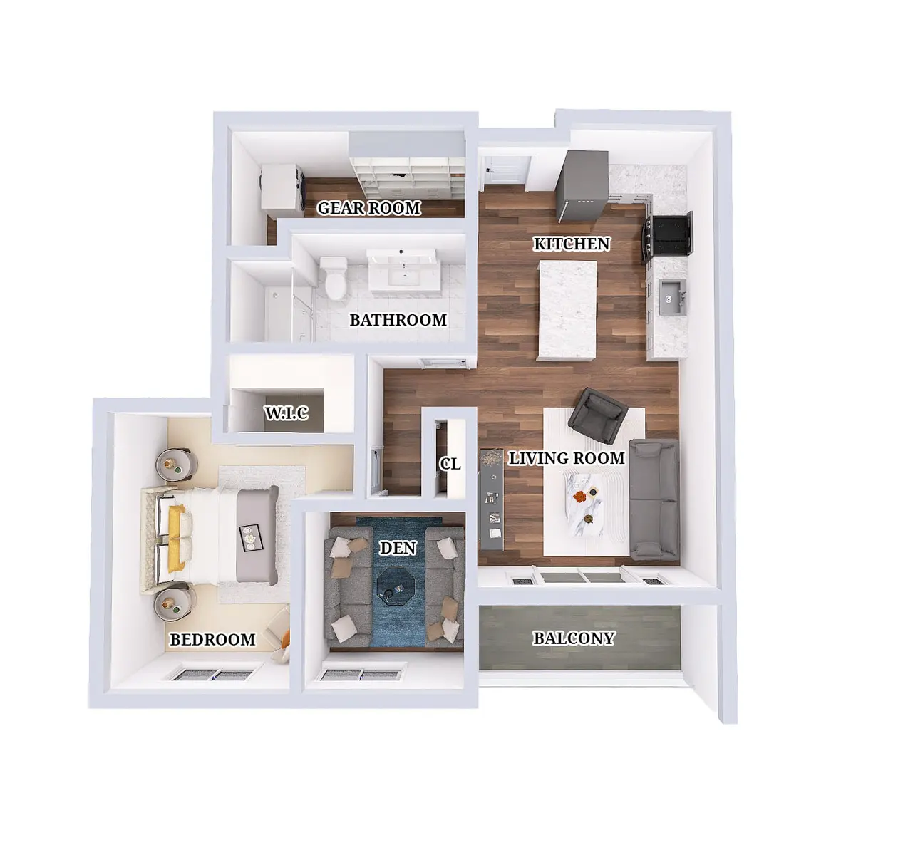 A detailed floor plan of an apartment layout showcasing labeled rooms including a kitchen, living room, bedroom, den, bathroom, gear room, walk-in closet, and balcony.