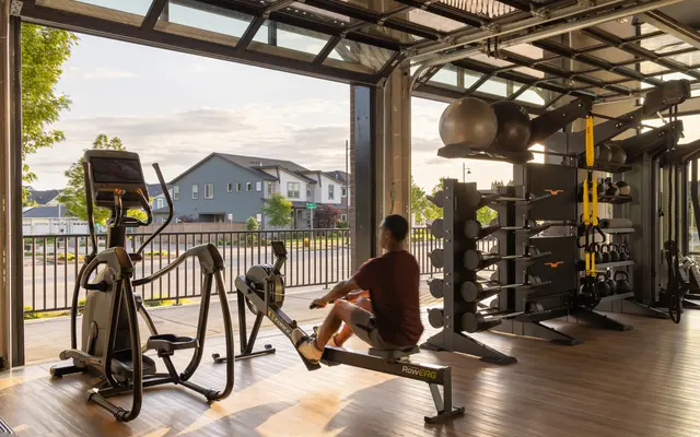 Contemporary Gym Interior with Fitness Equipment A modern gym interior featuring a rowing machine, elliptical machine, and various weights and equipment arranged neatly. Large windows allow natural light to fill the space, and a view of the outdoors can be seen.