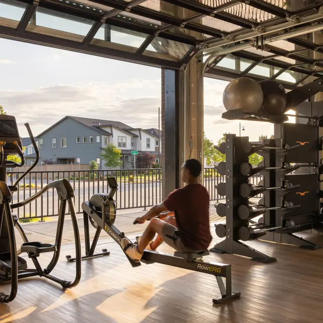 A modern gym interior featuring a rowing machine, elliptical machine, and various weights and equipment arranged neatly. Large windows allow natural light to fill the space, and a view of the outdoors can be seen.