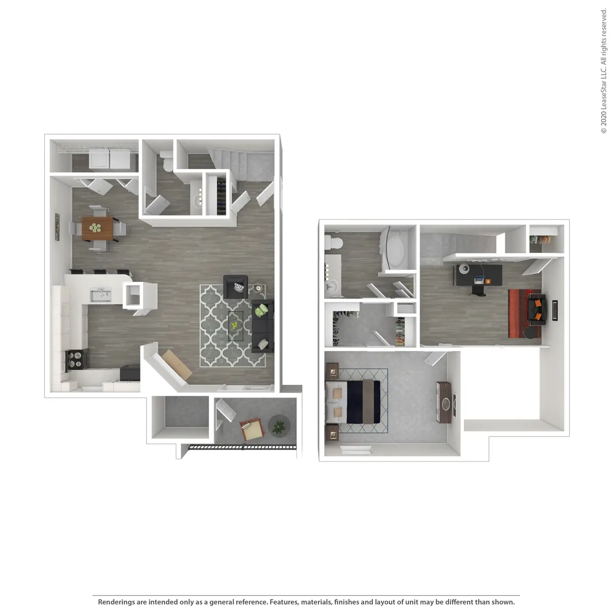 A 2-bedroom apartment floor plan showing distinct living areas, kitchen, and bathroom layouts.