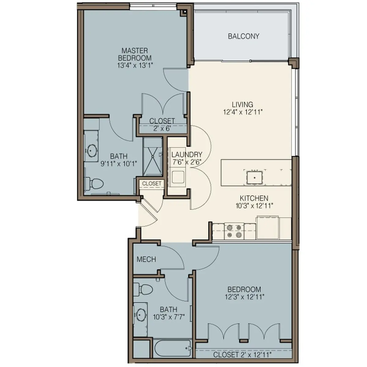 A floor plan of a two-bedroom apartment. It includes a master bedroom with an attached bath, a second bedroom also with a bath, a kitchen, a living room, and a laundry area. There is a balcony and several closets throughout.