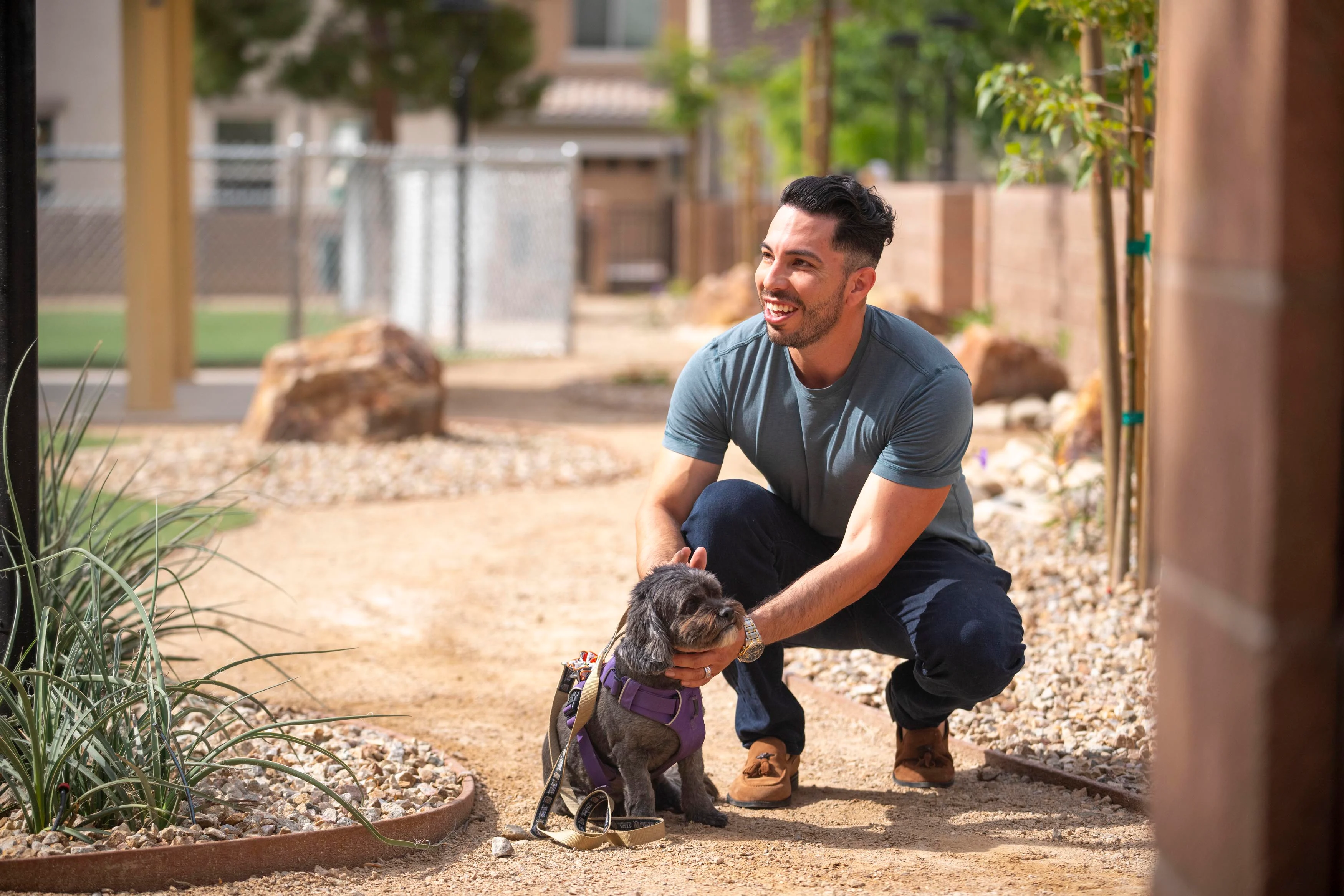 Man and Dog in Outdoor Garden A man kneeling next to a small dog in a garden area. The man is smiling while petting the dog. The surroundings include gravel, plants, and a pathway.