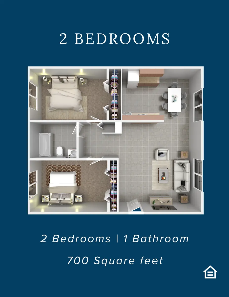 A top-down view of a 2-bedroom apartment layout. It features a living area, kitchen, and a bathroom. Each bedroom has a bed and storage spaces. The overall area is noted as 700 square feet.