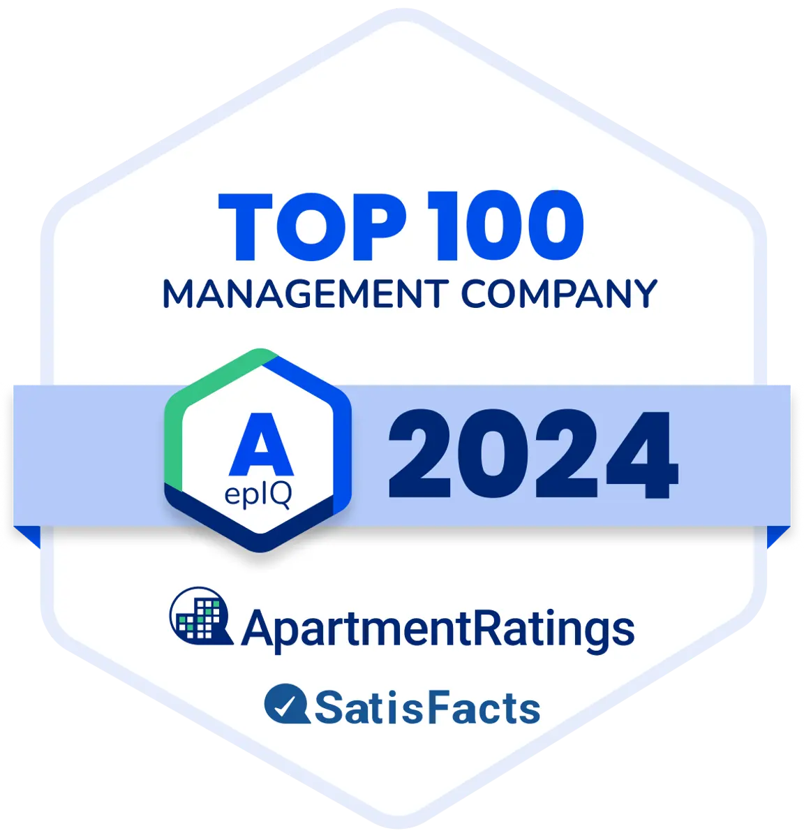 A badge indicating 'Top 100 Management Company 2024' by ApartmentRatings and SatisFacts with the grade 'A' and an eplIQ logo.