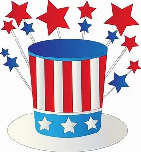 Patriotic Top Hat A colorful illustration of a large top hat decorated with red and white stripes, blue rim, and stars, with red and blue stars emanating from it.