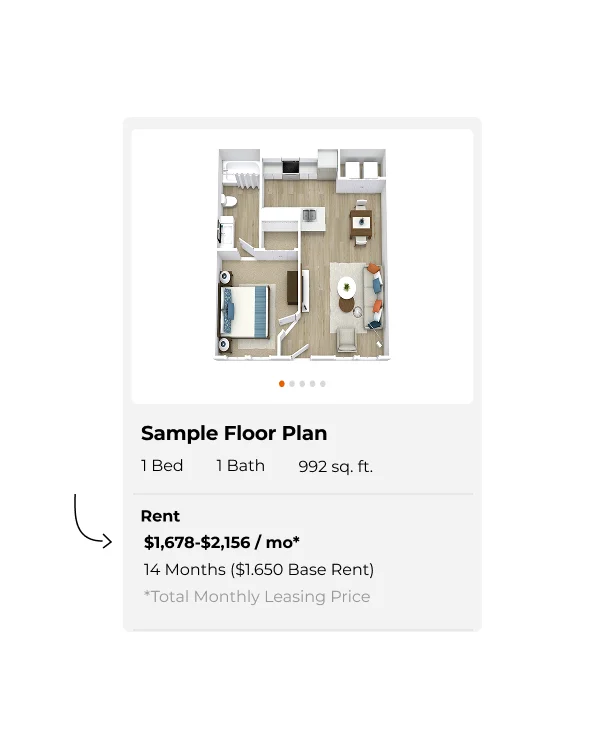 A floor plan diagram of a one-bedroom, one-bath apartment, measuring 992 square feet. The layout includes a living area, kitchen, and bathroom.