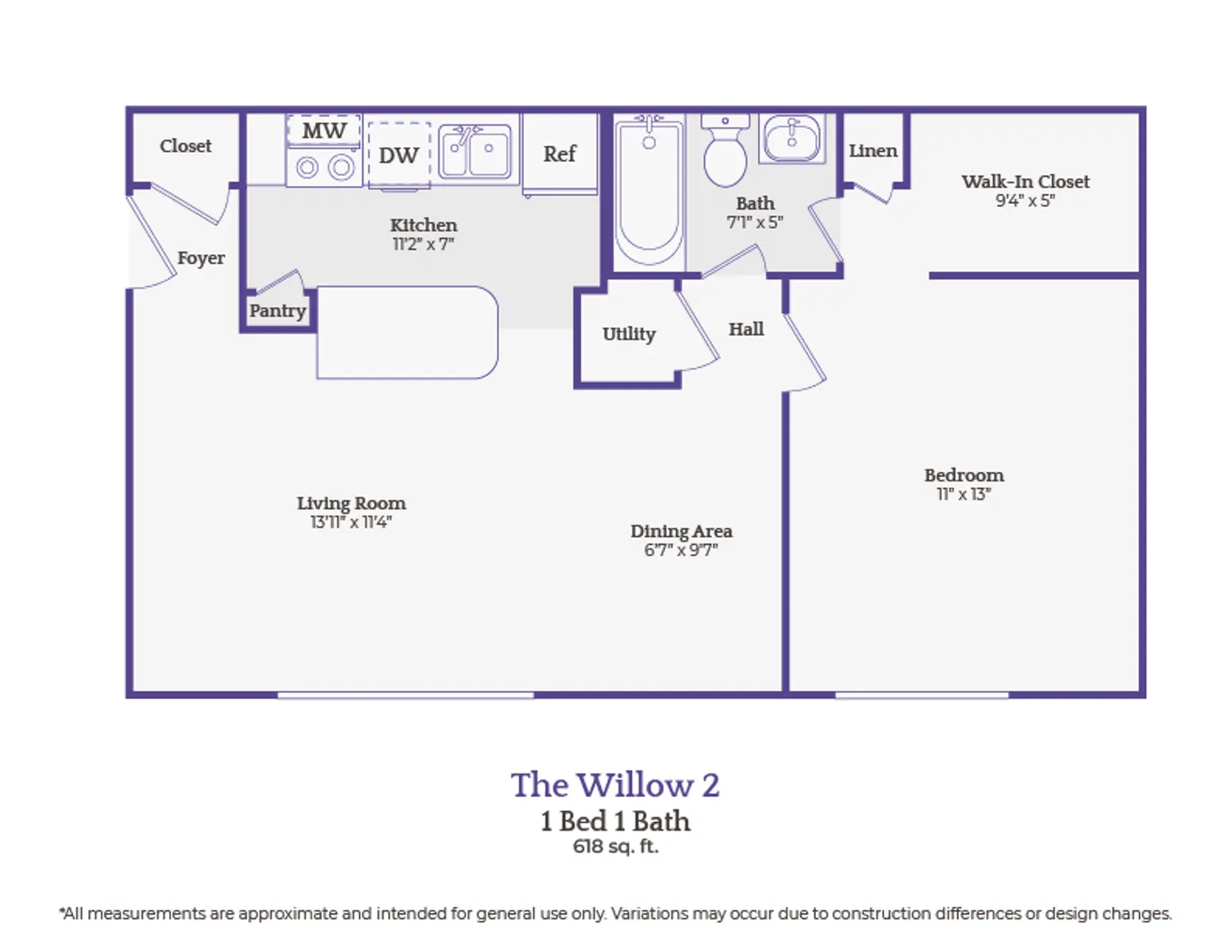The Willow 2 Floor Plan Floor plan for The Willow 2, a 1 bed 1 bath apartment covering 618 sq. ft.