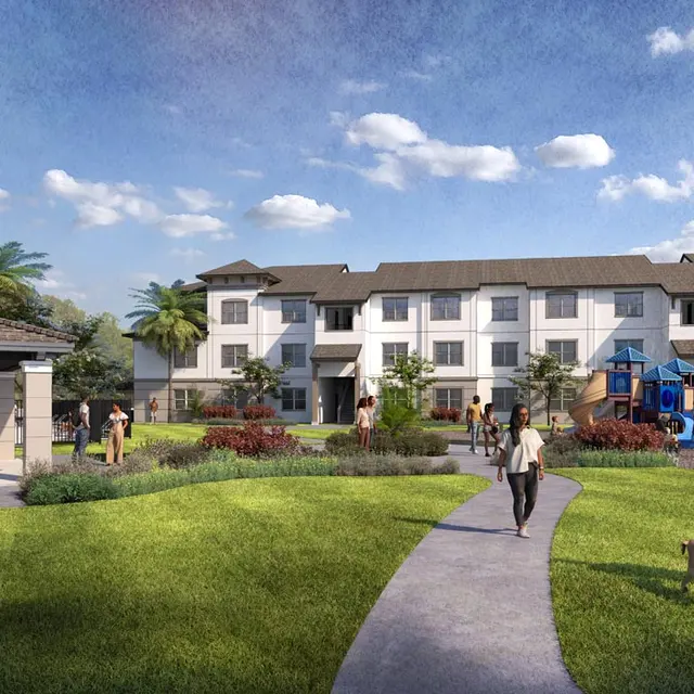 Rendered view of a residential complex featuring a playground, green lawns, pathways, and people enjoying the outdoor space.