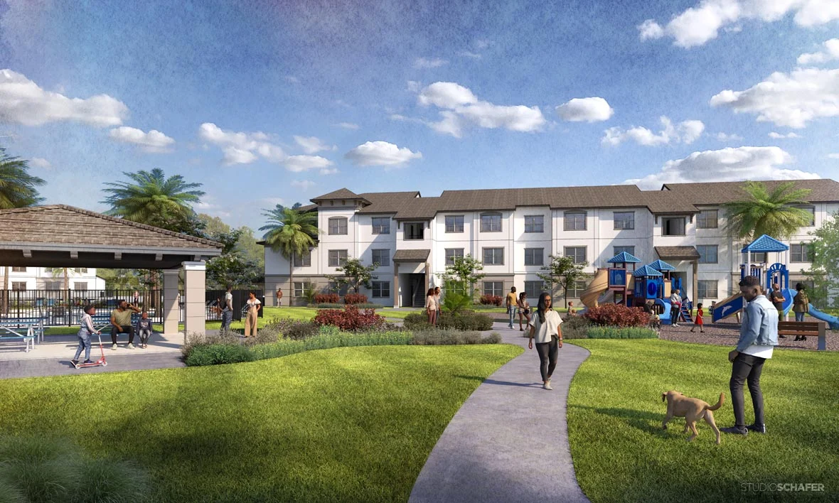 Rendered view of a residential complex featuring a playground, green lawns, pathways, and people enjoying the outdoor space.