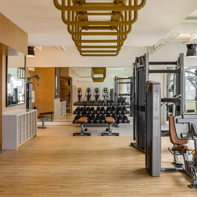 A spacious and modern gym facility featuring wooden accents and various exercise equipment, including weightlifting benches and cardio machines.