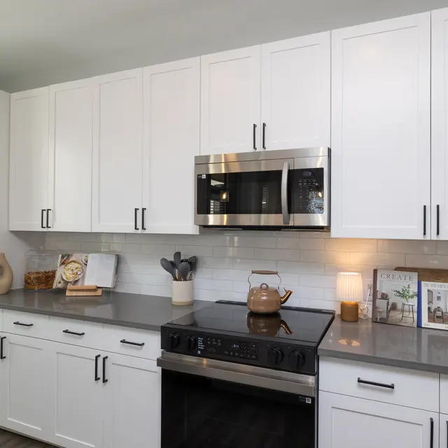 A modern kitchen featuring white cabinetry, stainless steel appliances, and a sleek countertop with decorative items.