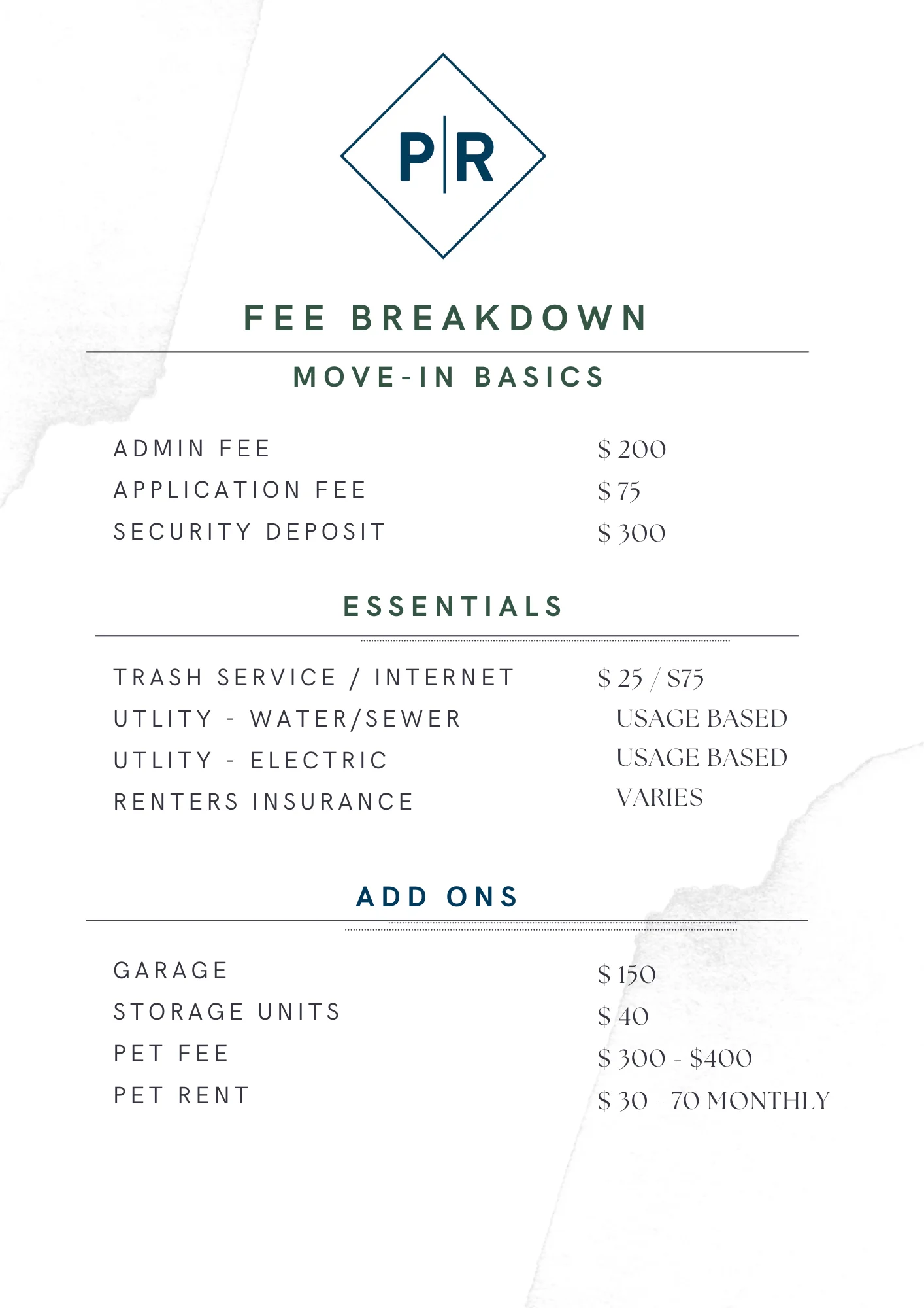 A fee breakdown document detailing costs for moving in, essentials, and add-on services.