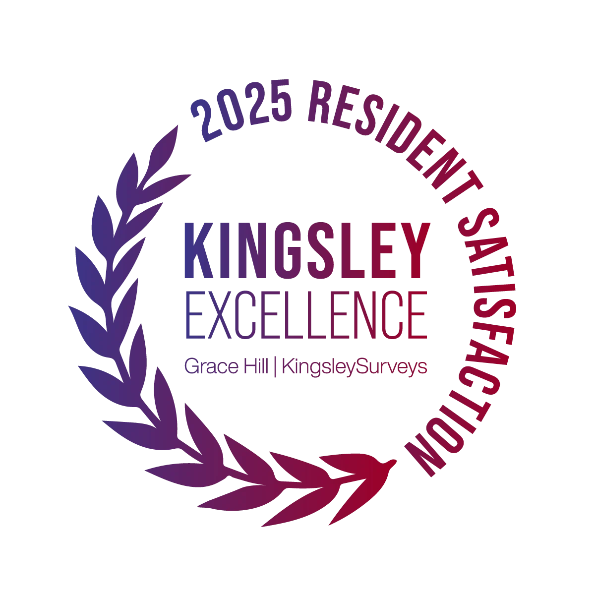 Logo representing the Kingsley Excellence award for resident satisfaction in 2025, featuring a laurel wreath design with the text 'KINGLSY EXCELLENCE' and '2025 RESIDENT SATISFACTION.'