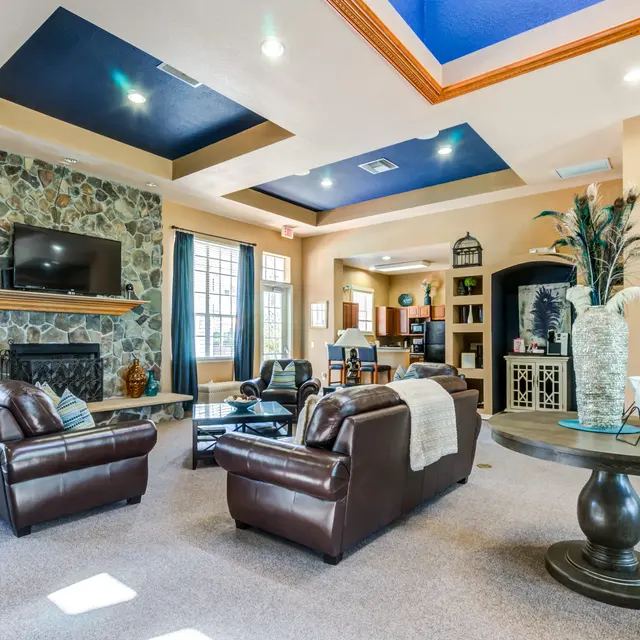 A spacious living room featuring leather sofas, a stone fireplace with a mounted TV, and large windows allowing natural light. The ceiling is painted blue with decorative moldings, and the room displays modern decor with a round table and decorative plants.