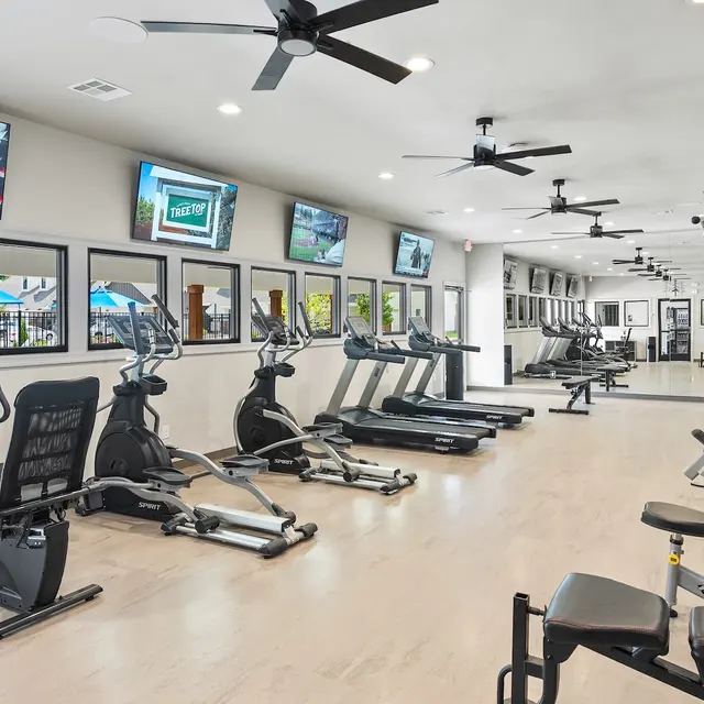 Interior of a Modern Gym A bright and modern gym interior featuring various workout equipment including treadmills, ellipticals, and weight machines. Multiple flat-screen TVs are mounted on the walls and there are large windows showing a view of an outdoor pool area.