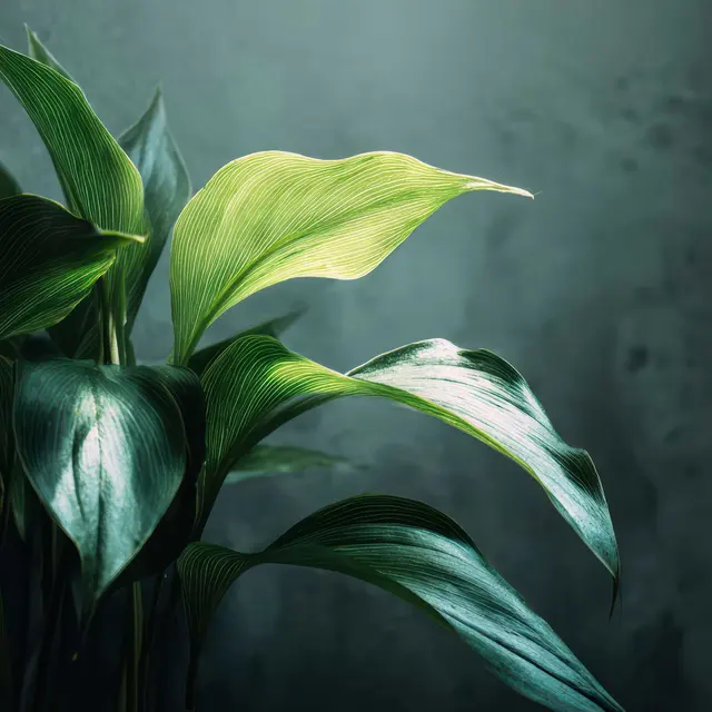 Close-up of green leaves with varying shades of green, illuminated softly against a dark background.