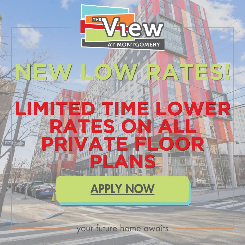 Promotional image showcasing the V1ew at Montgomery building with text announcing new low rates and a call to apply now.