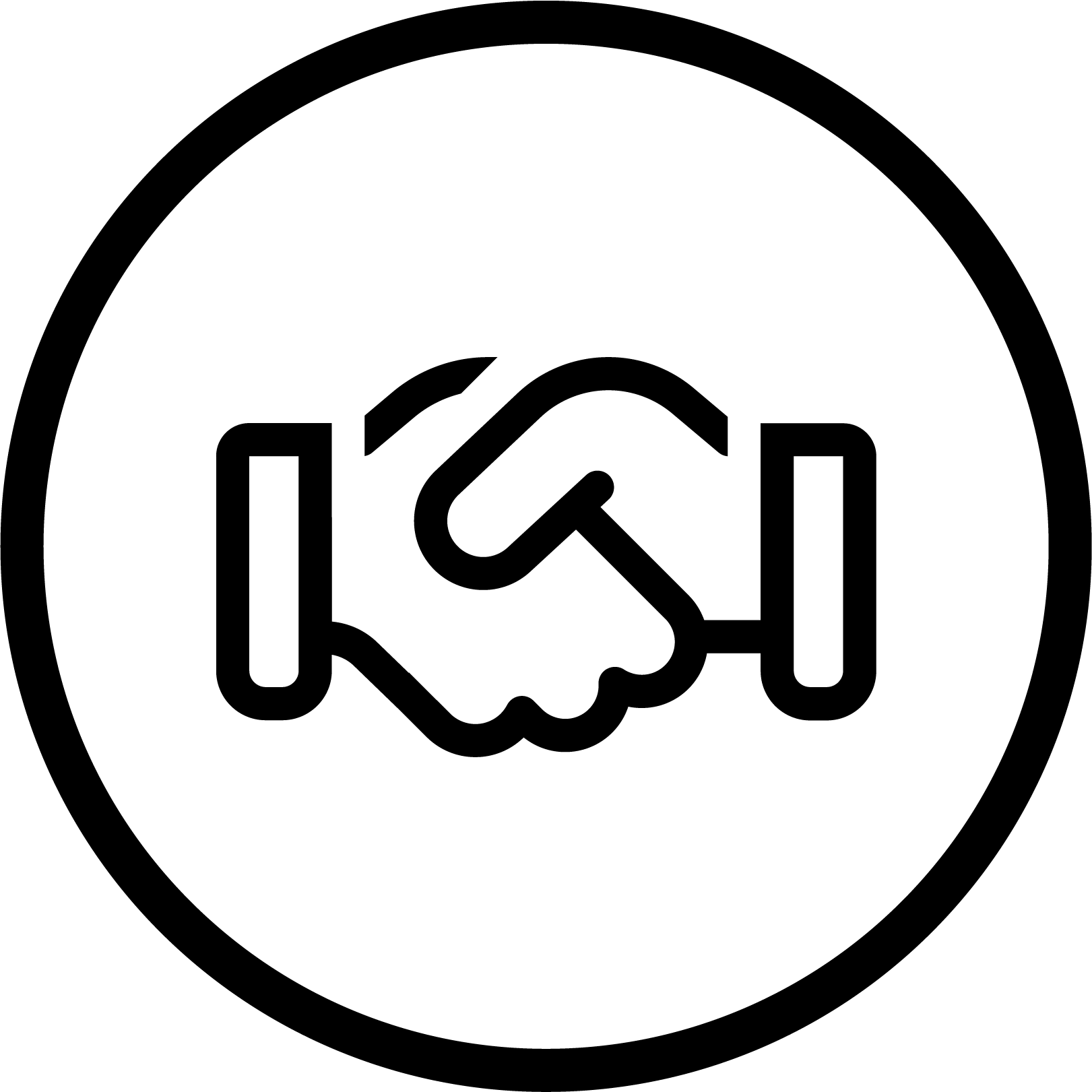 A simple black and white icon of two hands shaking inside a circle.