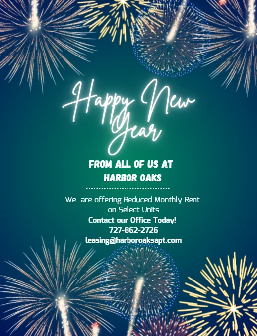 New Year greeting card with fireworks in the background and text promoting reduced rent offers at Harbor Oaks.