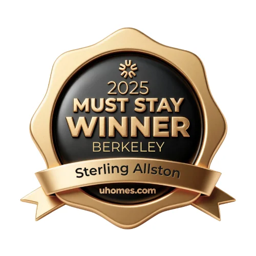 A golden badge featuring the text '2025 MUST STAY WINNER BERKELEY' with the name 'Sterling Allston' below, set against a black circular background. The overall design is a seal shape.