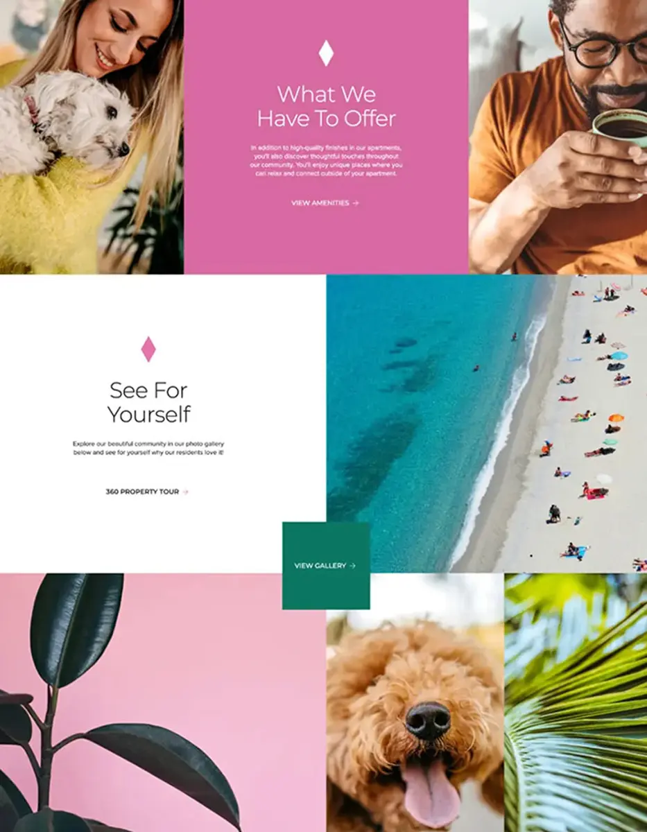 A collage showcasing various lifestyle and amenities images for a residential property. It includes a woman with a dog, a beach scene with people lounging, a close-up of a dog, and green plants.
