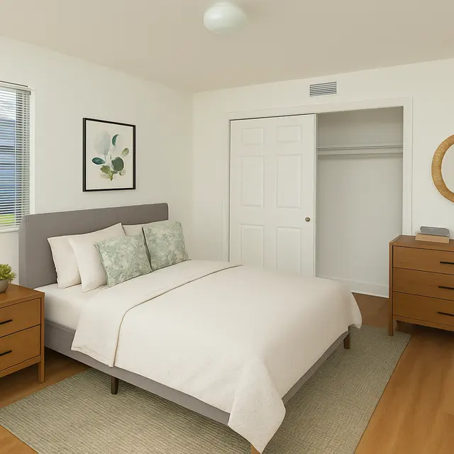 Modern Minimalist Bedroom Design A modern bedroom featuring a gray bed with soft cushions, a wooden nightstand with a lamp and plant, a dresser, and a closet. The walls are painted white, and there is a large window with blinds.