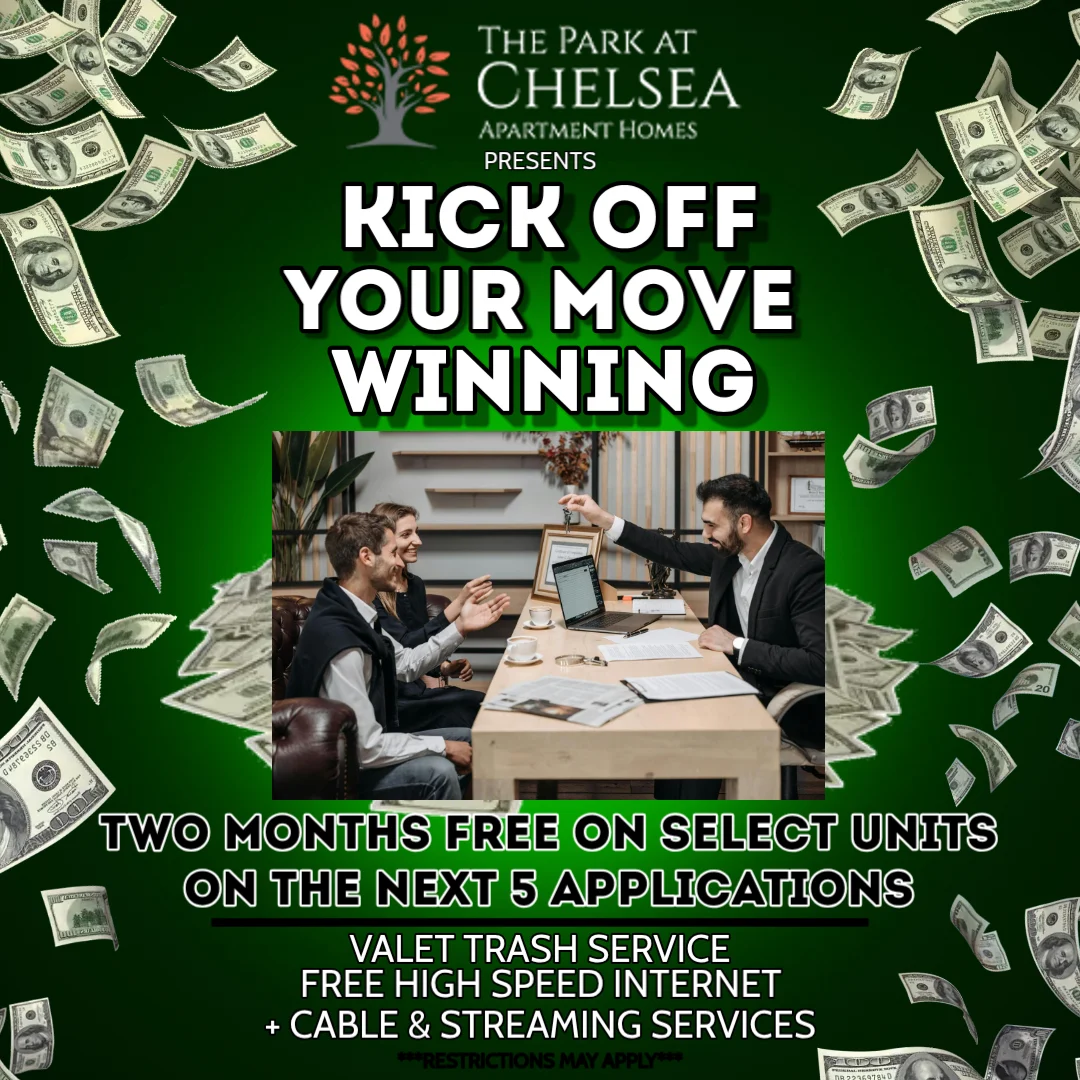 Promotional poster for The Park at Chelsea Apartment Homes offering rental incentives.