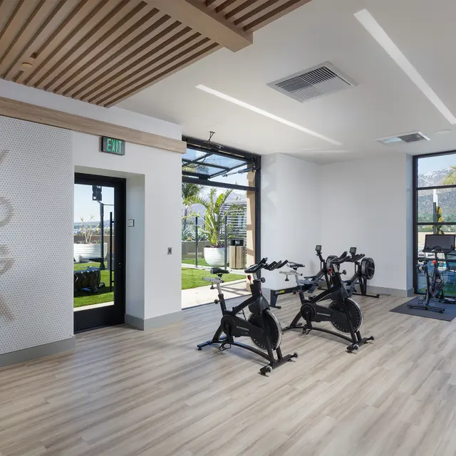 A bright yoga and fitness room featuring two stationary bikes and various fitness equipment. The room has large windows allowing natural light, with a view of palm trees outside. The wall displays the word 'YOGA' in a stylish font, and colorful yoga mats are neatly organized on the side.