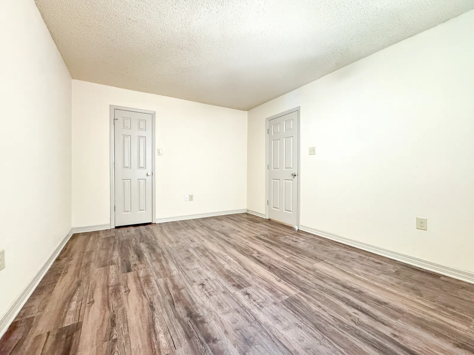 Empty room with light walls, a wooden floor, and two gray doors. Natural light illuminates the space.