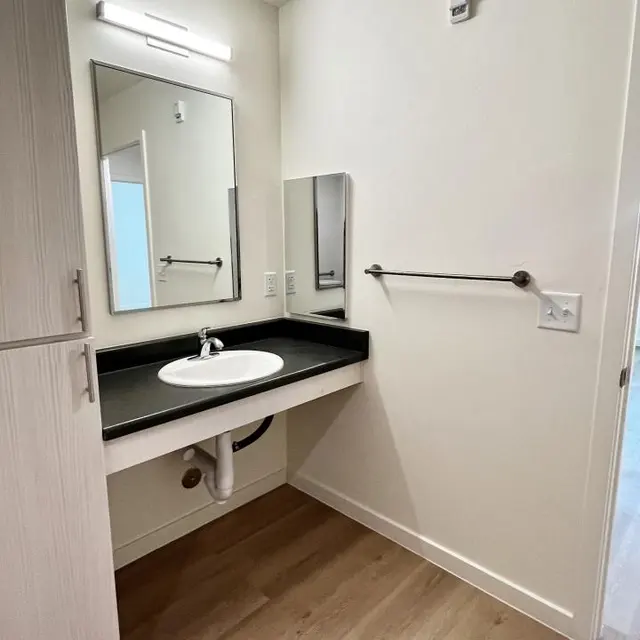 A minimalistic bathroom featuring a single sink with a black countertop, two mirrors, and wooden flooring.
