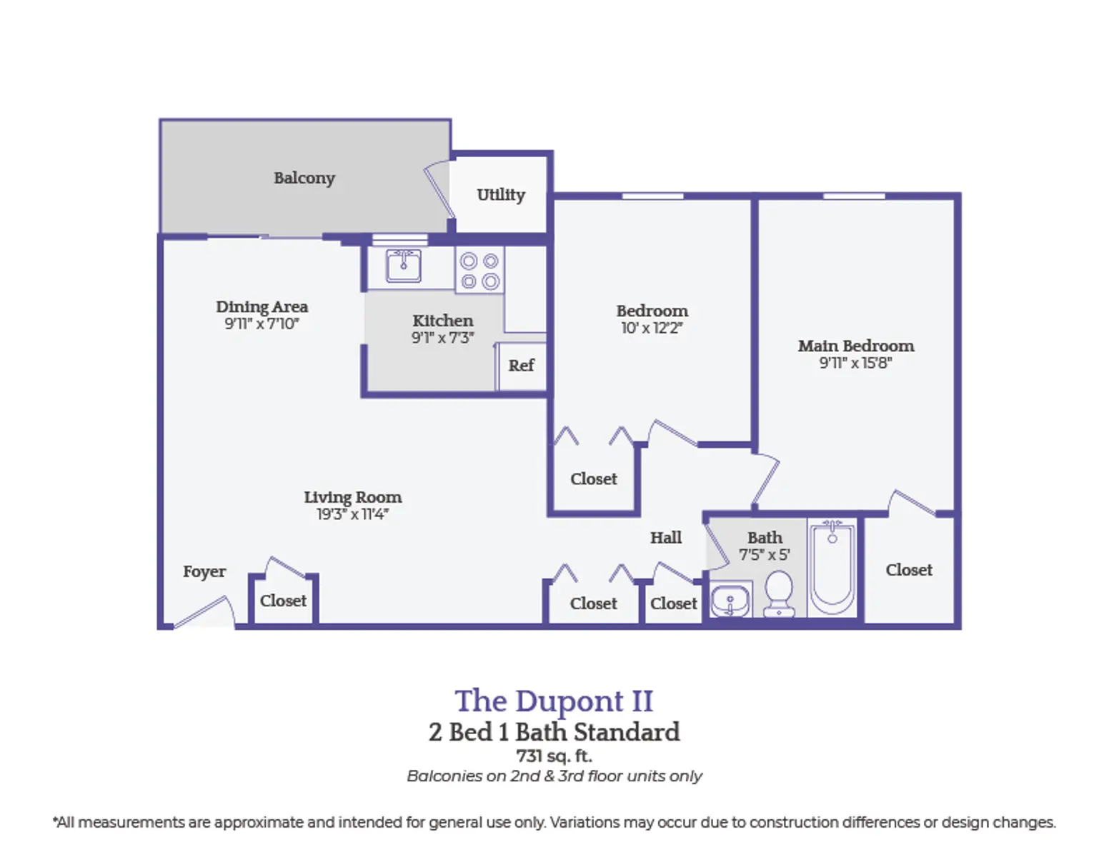 The Dupont II Floor Plan A floor plan of The Dupont II apartment, showing two bedrooms, one bath, a kitchen, living room, and dining area, with a utility space and balcony.