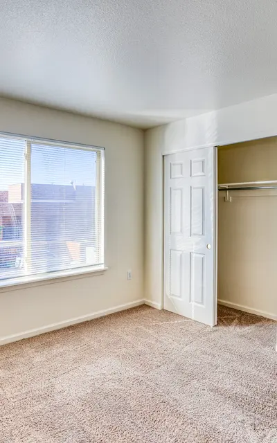 A well-lit empty room with beige carpet, featuring a large window and an open closet space. The walls are painted in a light color, and there are two doors, one leading to the closet and another to an adjoining area.