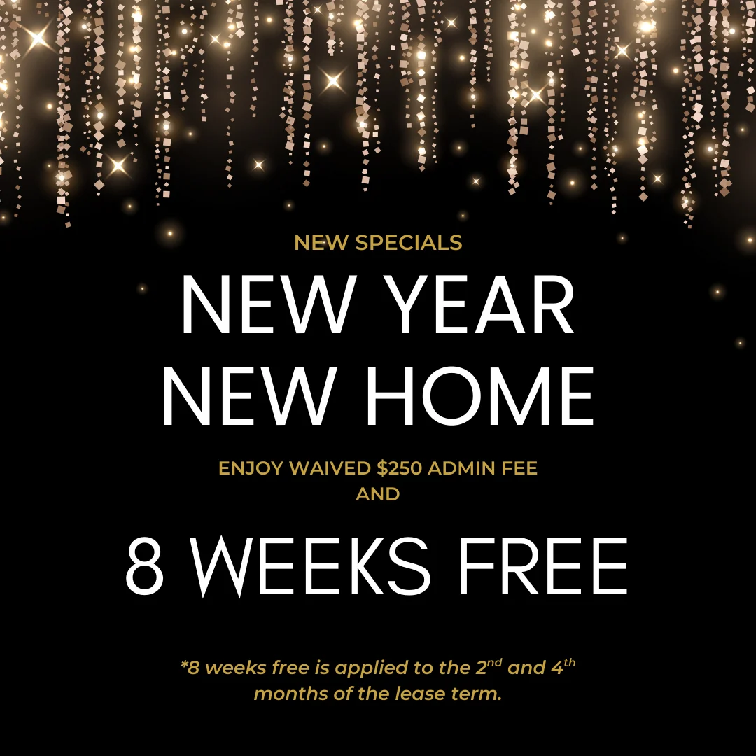 Promotional advertisement featuring golden sparkles on a black background announcing New Year specials, including a waived admin fee and 8 weeks free for leasing.