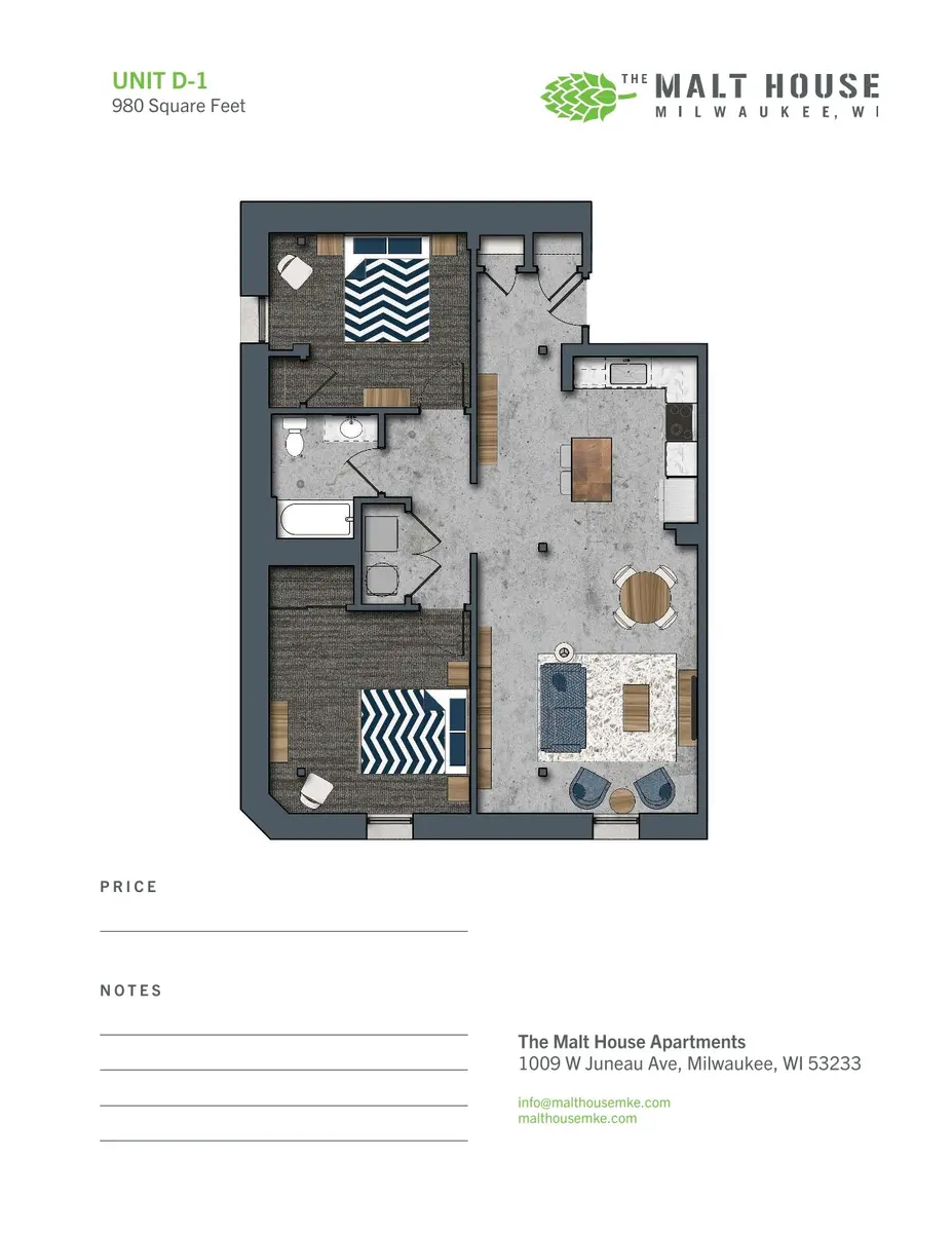 Apartment Floor Plan - Unit D-1 Floor plan of an apartment unit showing two bedrooms, a living area, kitchen, and bathroom.