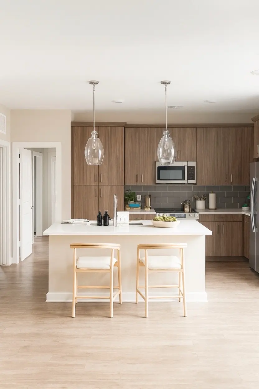 A modern kitchen featuring a central island with two bar stools, wood cabinetry, gray tiles, and pendant lighting.
