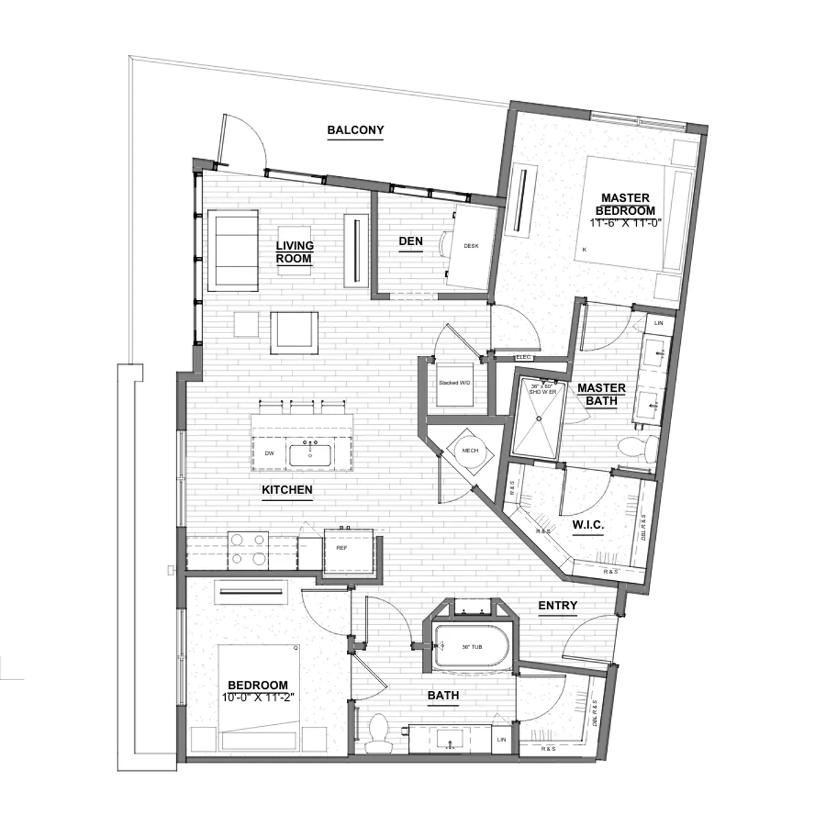 Modern Apartment Floor Plan A detailed floor plan of an apartment layout showcasing various rooms including a living room, kitchen, den, master bedroom with a bath, second bedroom, and entry.