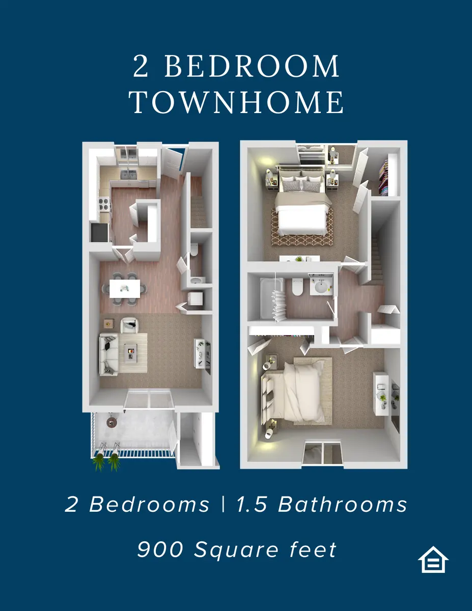 Floor plan of a two-bedroom townhome with an open living area, kitchen, and two bedrooms, shown from a bird's-eye view.