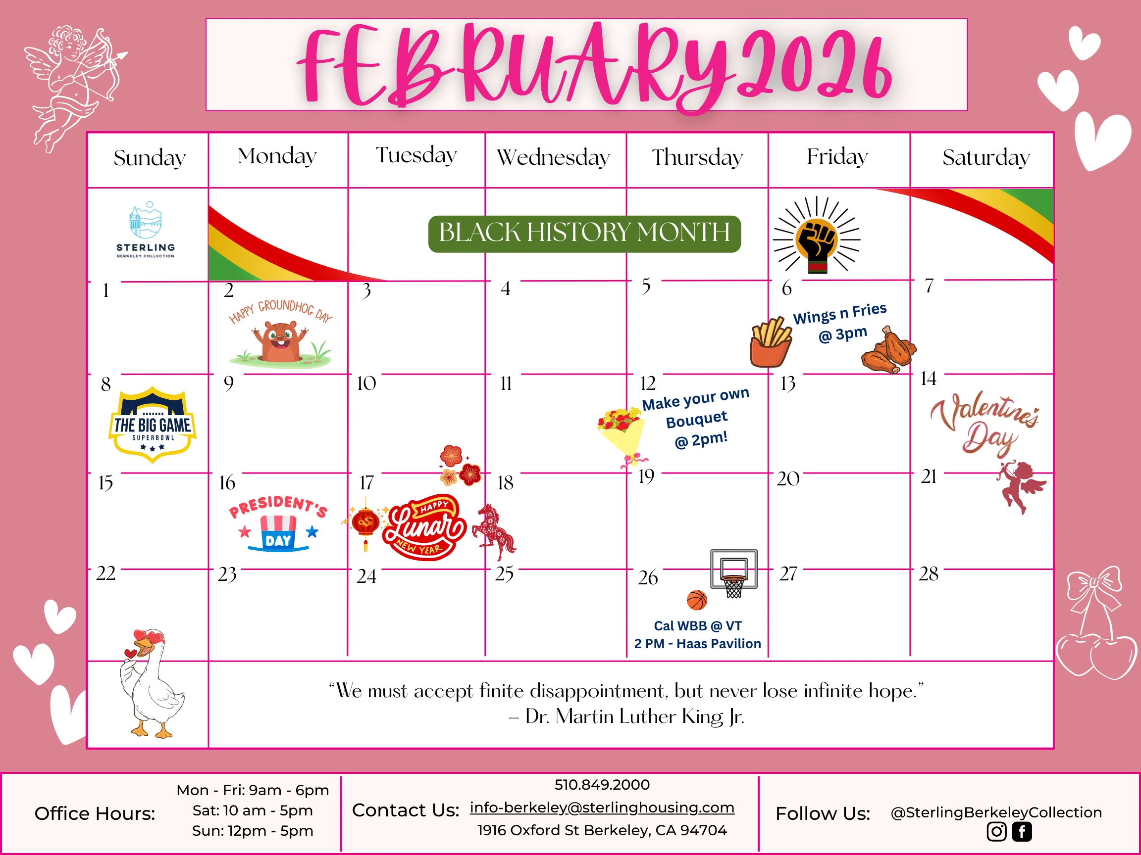 A colorful calendar for February 2026 featuring events such as 'Wings & Fries,' 'Make your own Bouquet,' and celebrations for Black History Month and Valentine's Day.